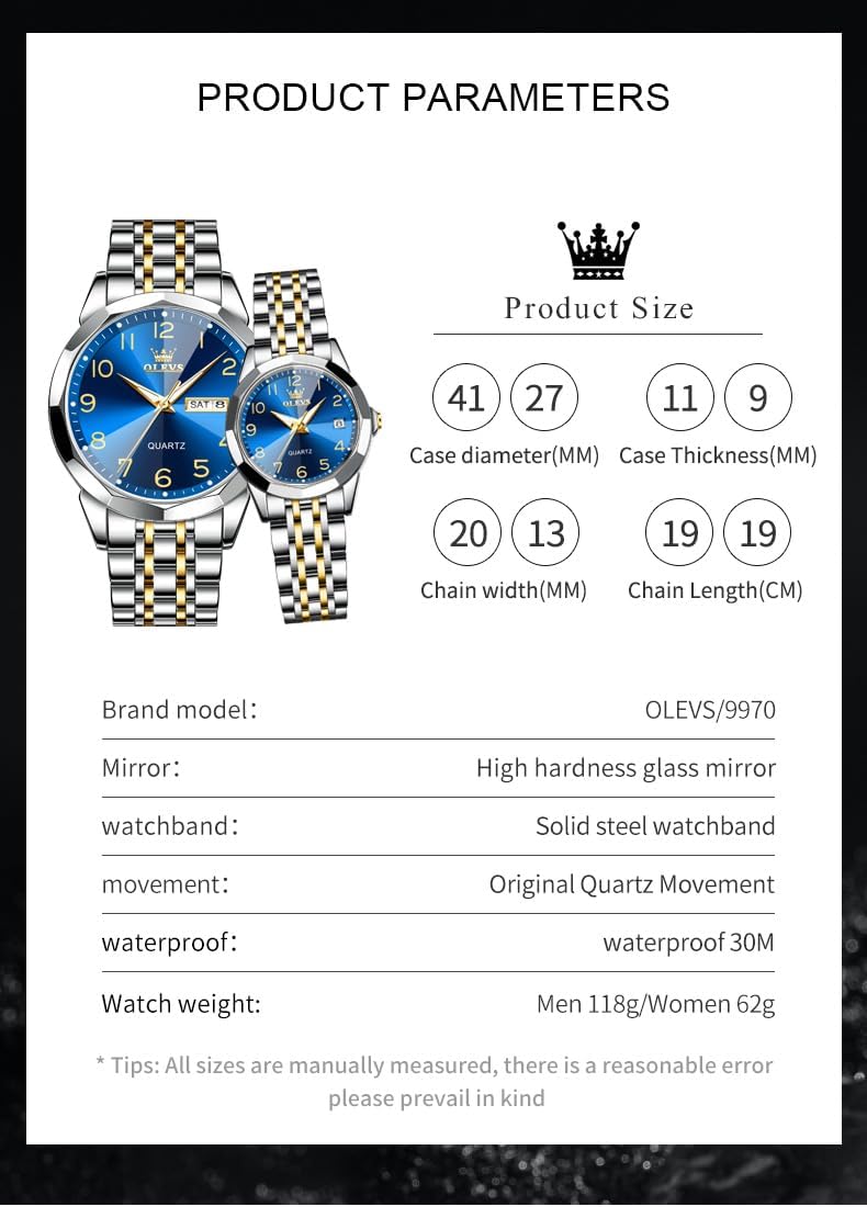 OLEVS Relojes de Pareja de San Valentín - Lujo, Moda para Hombre y Mujer, Juego de Relojes