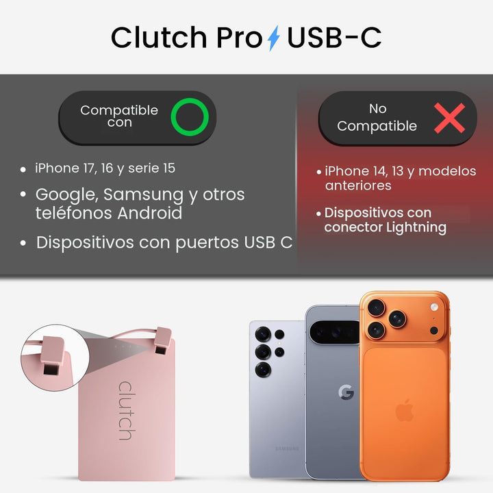 Clutch - Cargador portátil Pro USB-C - Compatible con iPhone 15, 16...