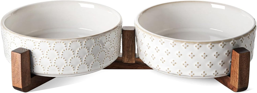 LE TAUCI - Juego de cuencos para perros con soporte de madera de acacia, cuencos de cerámica para cachorros de 1.8 tazas para perros pequeños, cuencos dobles para alimentos y agua con base