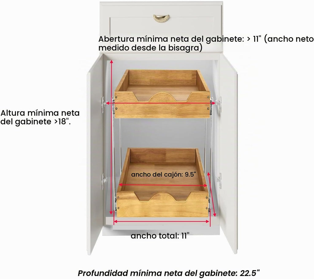 DINDON Organizador de armario extraíble de 2 niveles (11 pulgadas de ancho x 21 pulgadas de profundidad) con cajón deslizante de madera de doble capa para almacenamiento y organización debajo del