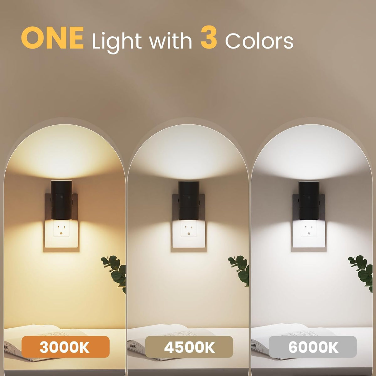 VOLISUN Luces nocturnas enchufables a la pared, luz nocturna LED regulable con sensor de luz del atardecer al amanecer, brillo ajustable de 0 a 100 lúmenes, 3 temperaturas de color, tamaño compacto