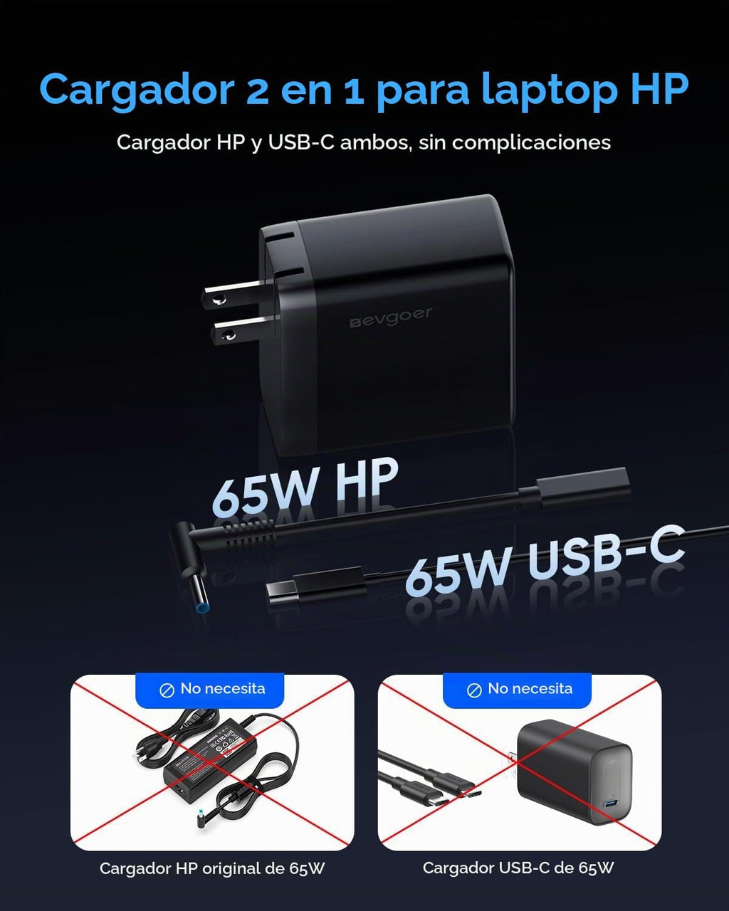 Cargador para portátil HP de 65 W con carga de dispositivo USB-C