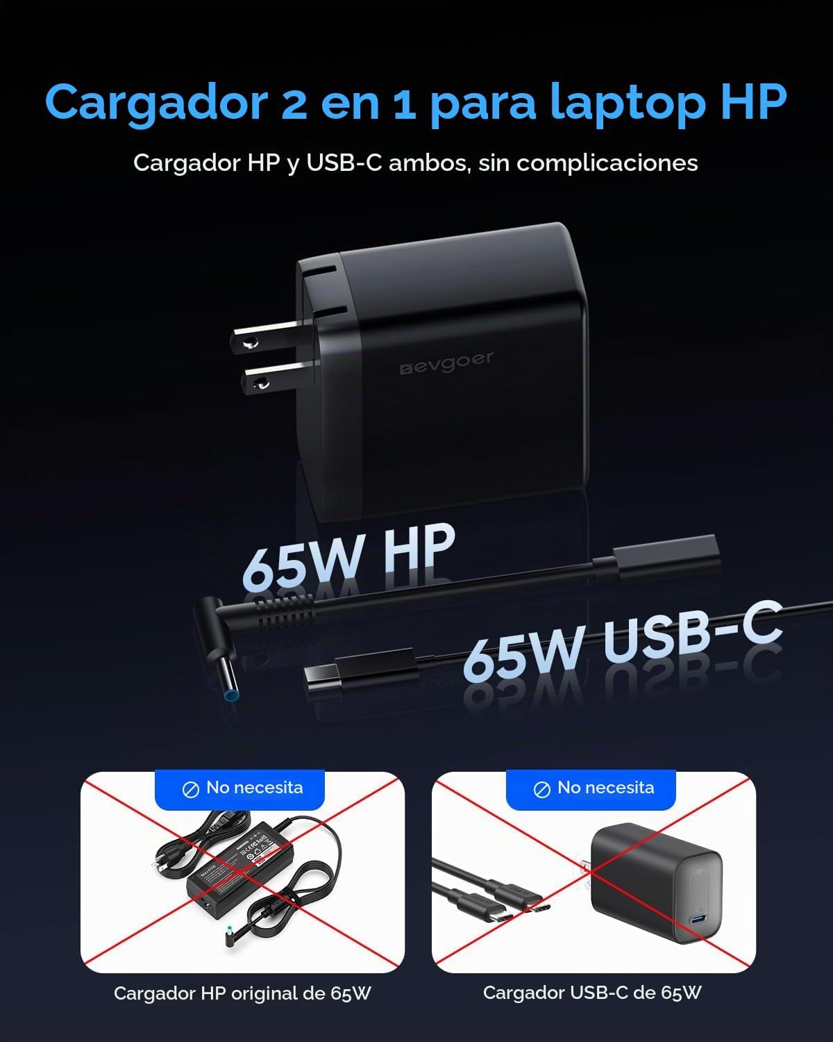 Cargador para portátil HP de 65 W con carga de dispositivo USB-C