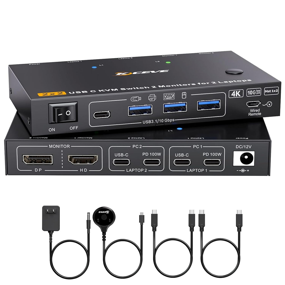 KCEVE Conmutador KVM USB C 2 monitores para 2 portátiles, MST, 100W PD