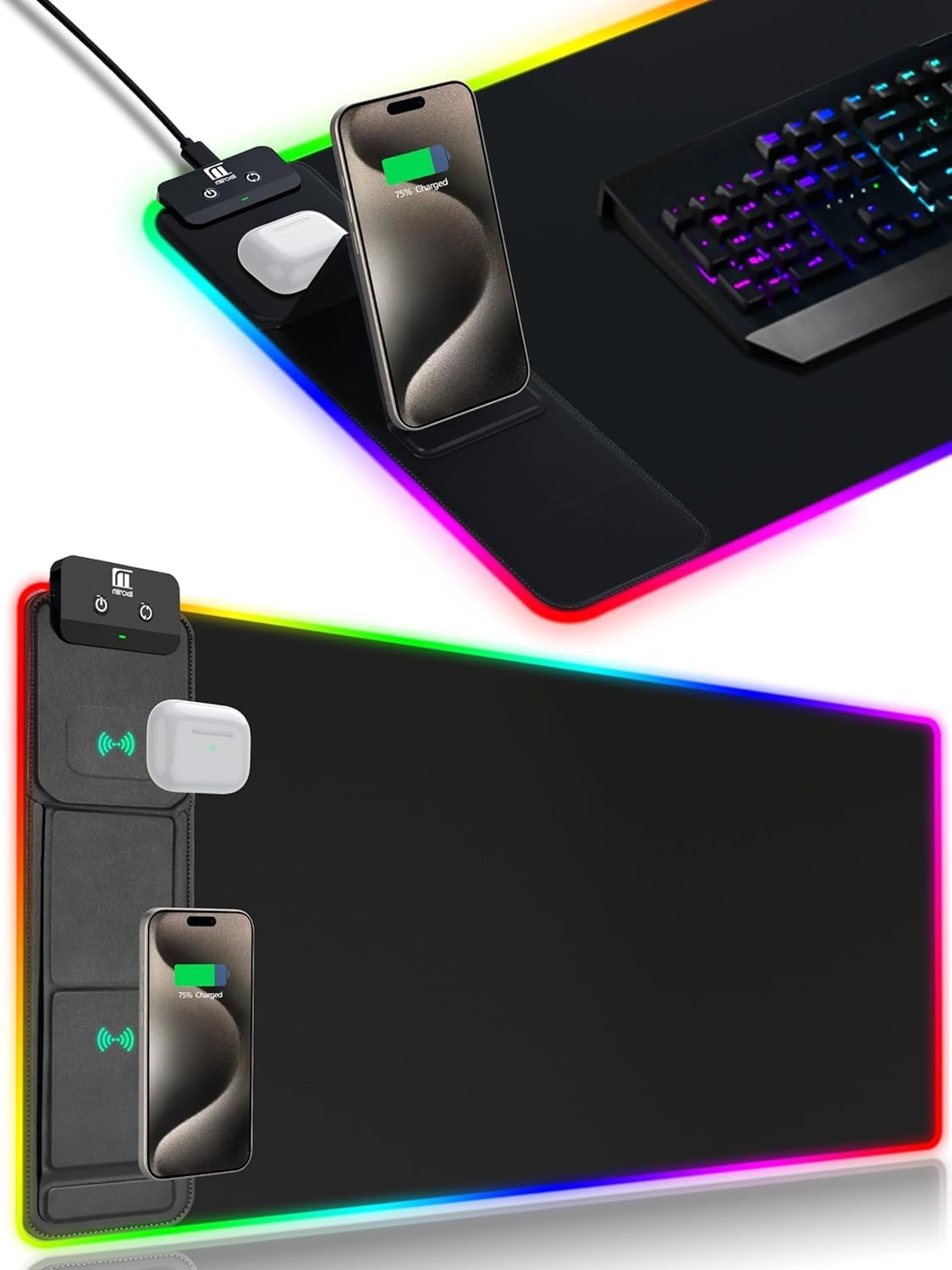 Alfombrilla de mouse XXL con soporte para teléfono, color negro, alfombrilla de escritorio RGB con carga rápida de 15 W, alfombrilla de mouse LED para juegos con 11 colores claros, almohadilla