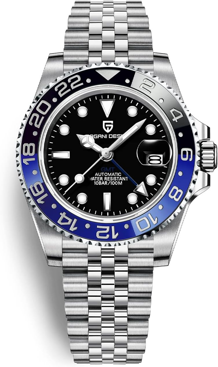 Reloj Pagani Design GMT para hombre, reloj automático de 1.575 pulgadas (40 mm), fecha, 100M resistente al agua, acero inoxidable, cristal de zafiro, reloj mecánico de pulsera PD-1662