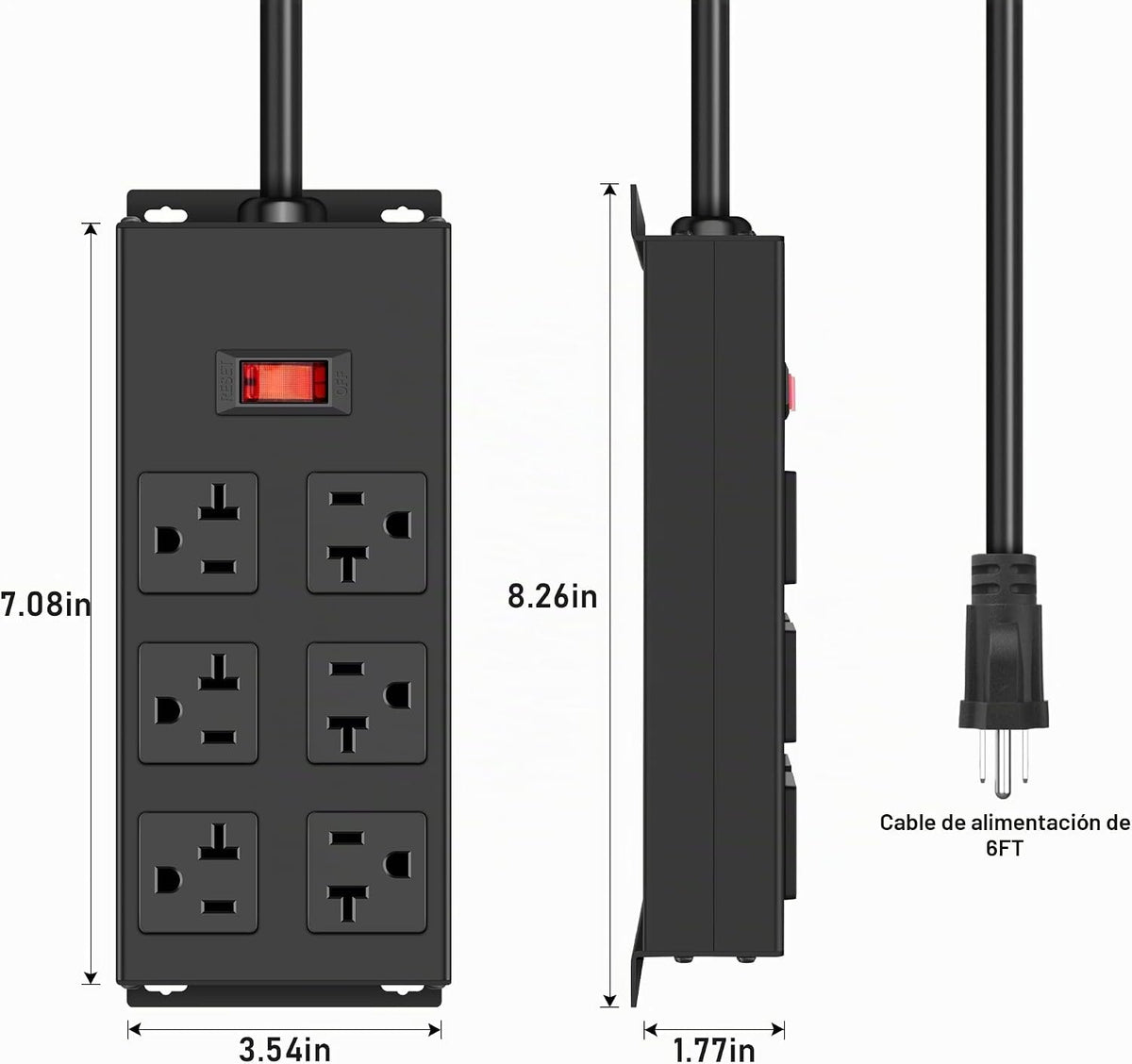 Regleta de Corriente de Servicio Pesado de 20 Amperios, Garaje 6 Tomacorrientes Metálicos Calibre 12 Protector contra Sobretensiones 3000J, Adaptador 5-15P de Alto Amperaje Taller 6-20R Ranura