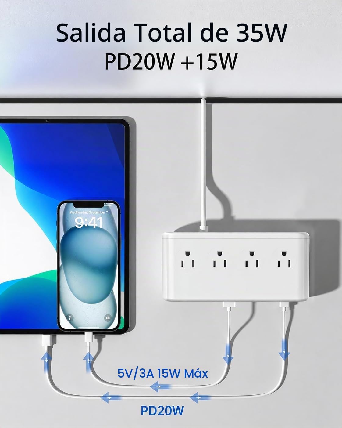 Regleta de alimentación 10 en 1 con puertos USB C, USB de 35 W