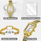 OLEVS Reloj de mujer de oro de acero inoxidable, reloj de cara cuadrada pequeña con decoración de diamantes, reloj de vestir de cuarzo analógico de lujo para mujer, reloj de pulsera impermeable con