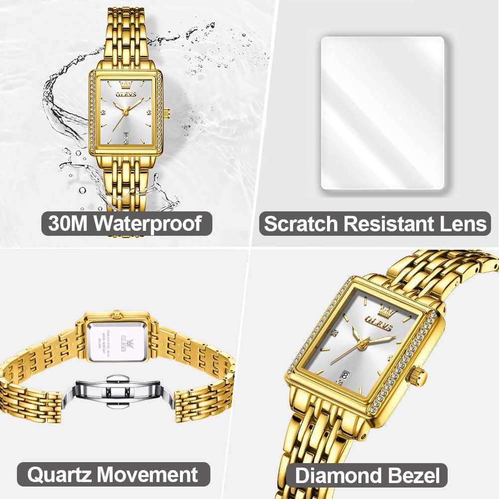 OLEVS Reloj de mujer de oro de acero inoxidable, reloj de cara cuadrada pequeña con decoración de diamantes, reloj de vestir de cuarzo analógico de lujo para mujer, reloj de pulsera impermeable con