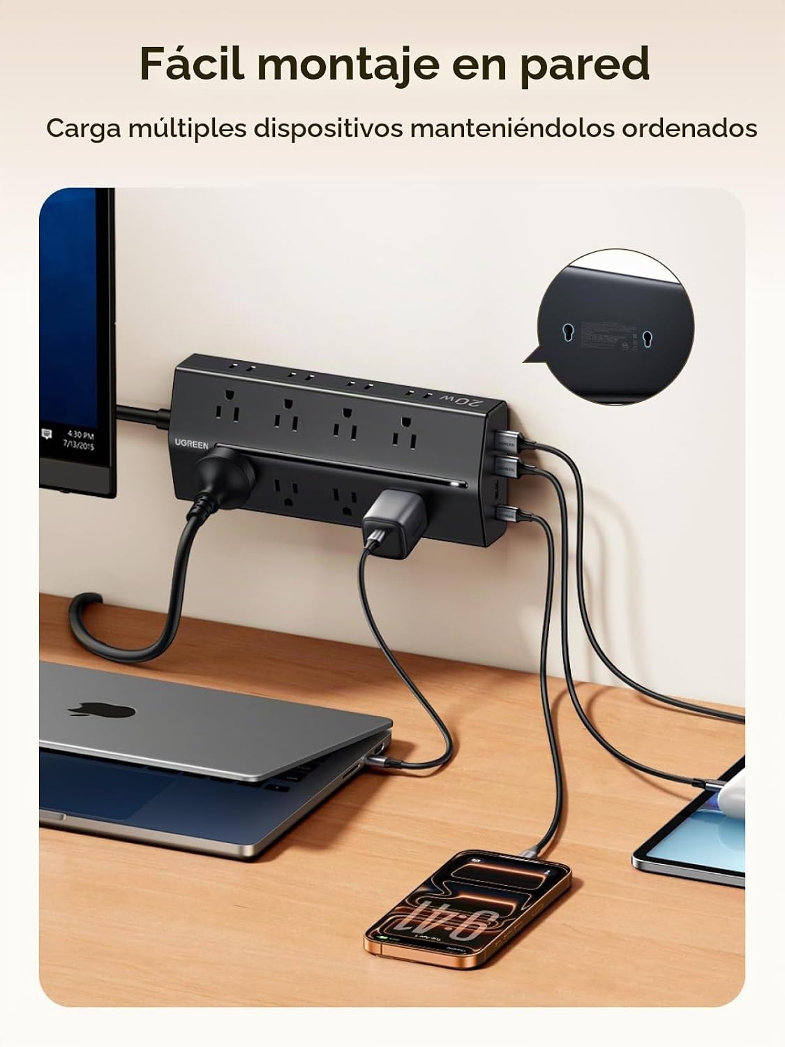 UGREEN Protector contra sobretensiones 20W 20 en 1 GaN, regleta de 5 pies