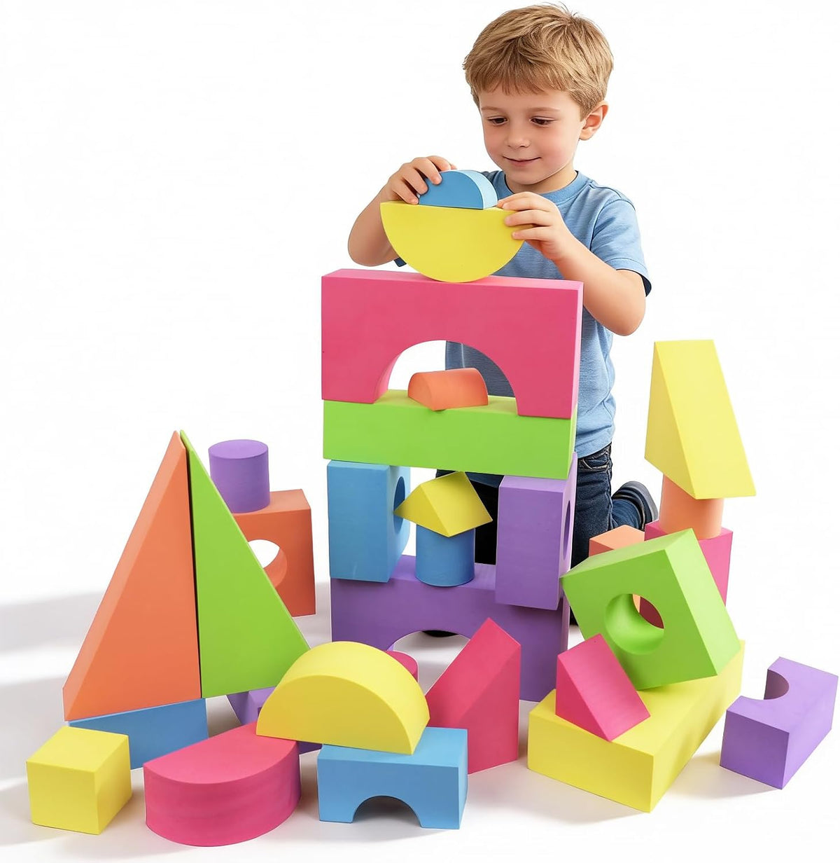 Bloques de espuma de construcción grandes para niños pequeños, juego de bloques de construcción de espuma EVA apilables, no tóxico, lavable, juguetes de construcción de aprendizaje temprano y regalos para niños y niñas (azul, piezas, 60)