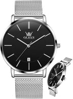 OLEVS Relojes de Hombre de Cuero Negro Ultrafinos 6.5 mm Minimalista Vestir Simple Moda Casual Resistente al Agua con Fecha
