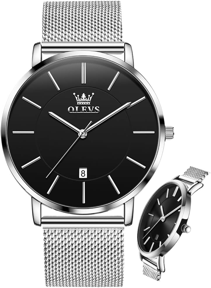 OLEVS Relojes de Hombre de Cuero Negro Ultrafinos 6.5 mm Minimalista Vestir Simple Moda Casual Resistente al Agua con Fecha