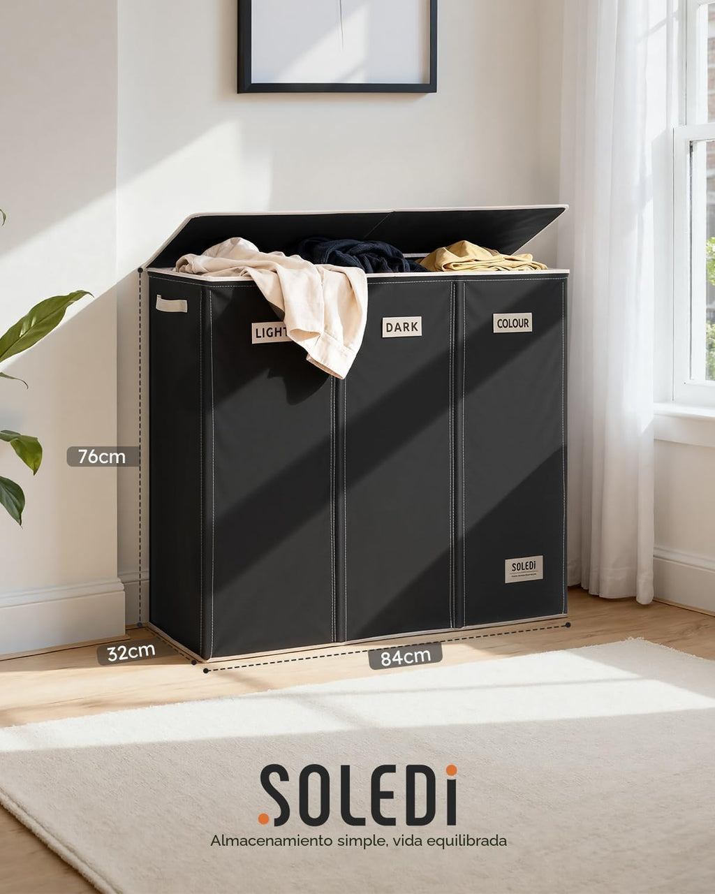SOLEDI Cesta de lavandería de 3 secciones de 200 litros con tapa, cesta de ropa sucia extragrande con asas resistentes para lavandería y dormitorio, organizador duradero para clasificar la ropa sucia