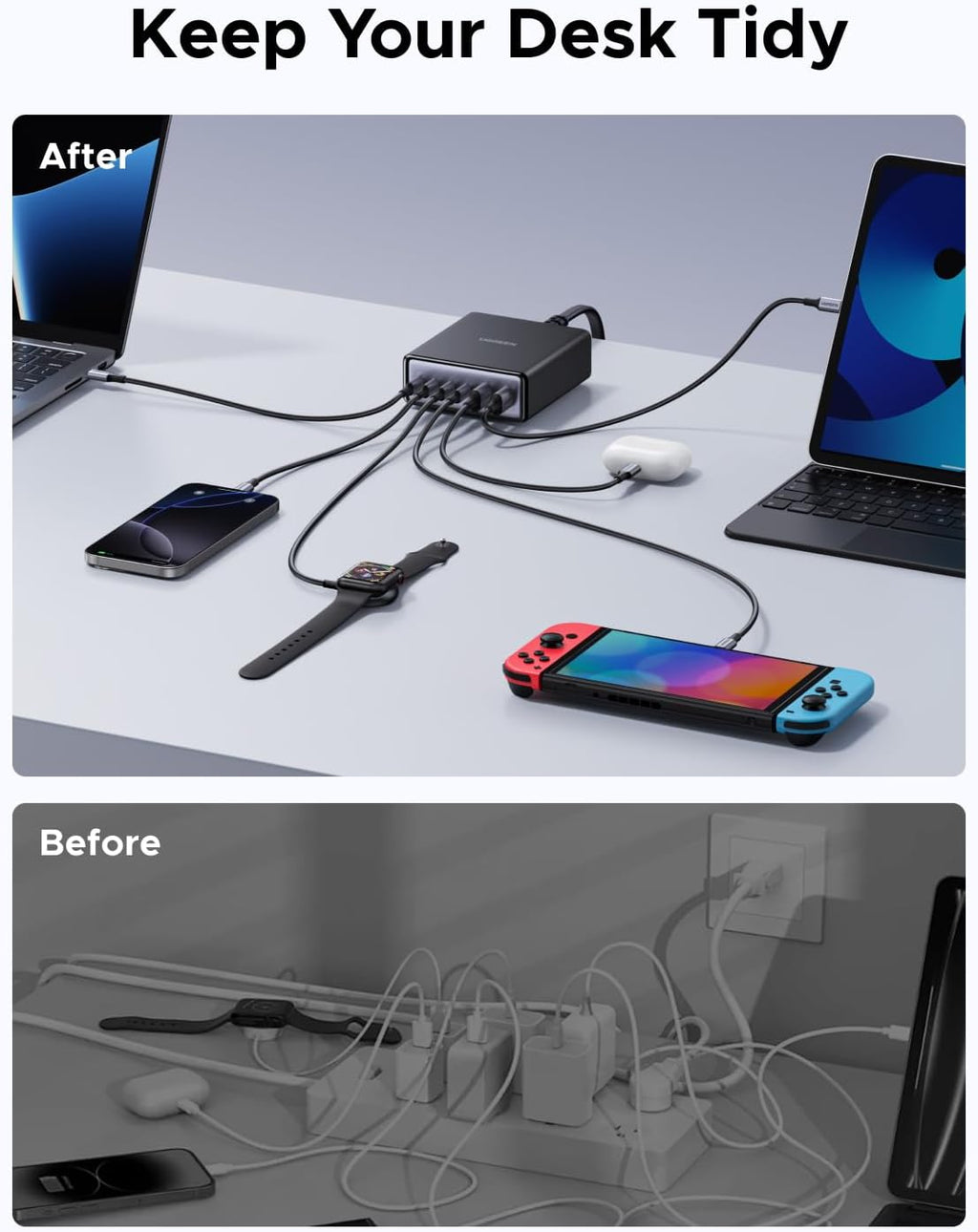 UGREEN Estación de carga USB C de 100 W, cargador de escritorio GaN de 6 puertos con 4 USB-C y 2 USB-A, distribución inteligente de energía para MacBook Pro/Air, Dell XPS, iPad, iPhone 17/16/15