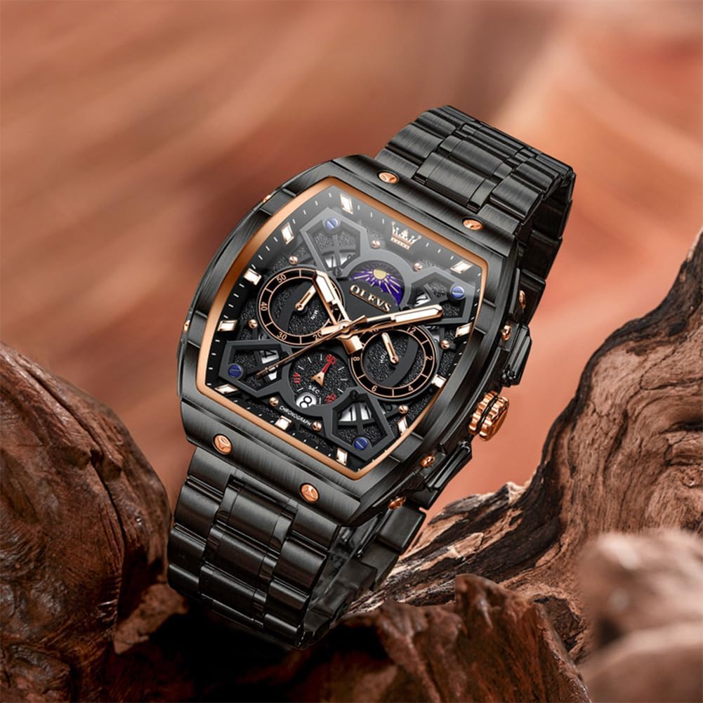 OLEVS Reloj para Hombres Analógico Cuarzo Lujo Diamante Resistente al Agua Cronógrafo Acero Inoxidable Carita Grande Cuadrado Fecha Fase Lunar Romano Relojes de Vestir para Hombres