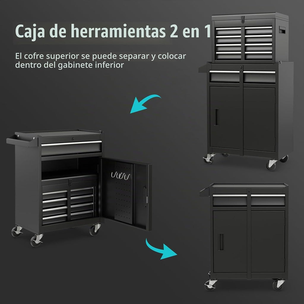 Goplus Baúl de herramientas, gabinete de almacenamiento de herramientas con 5 cajones y ruedas, con parte superior desmontable, caja de herramientas, forro, ruedas universales bloqueables, estante