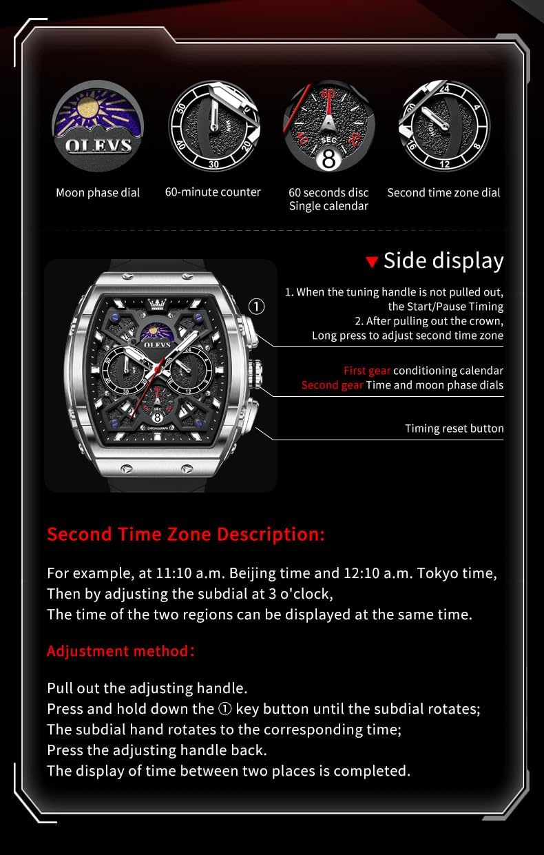 OLEVS Relojes para Hombre Casual Lujo Cara Grande Cronógrafo Multifuncional Relojes de Hombre Correa de Silicona/Nylon Duradera 3 ATM Resistente al Agua Reloj de Hombre Fecha Fase Lunar Reloj