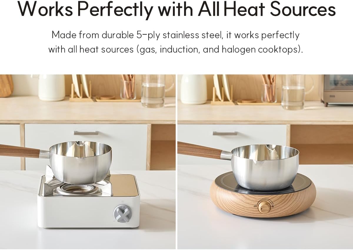 Mod Pot - Olla de cocina de acero inoxidable de 5 capas, 2 juegos de 7.9 in, 6.3 in, mango de madera, multiusos, cocina pequeña, todas las estufas compatibles con inducción, aptos para