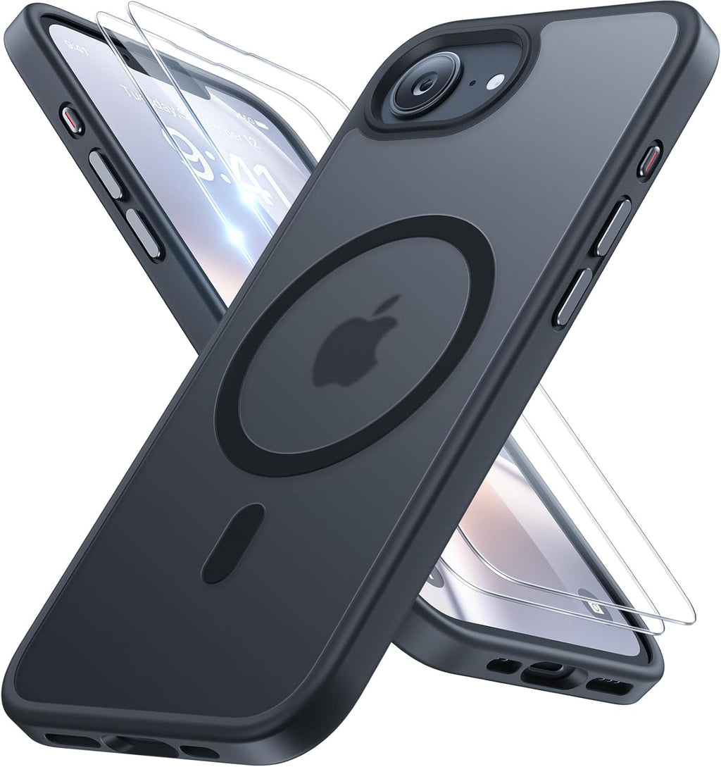 miracase Funda para iPhone 16e y iPhone 17e para MagSafe [con 2 protectores de pantalla de 9H + ] Protección superior de grado militar a prueba de golpes con terciopelo táctil para iPhone 16e/17e 6.1 pulgadas, negro mate
