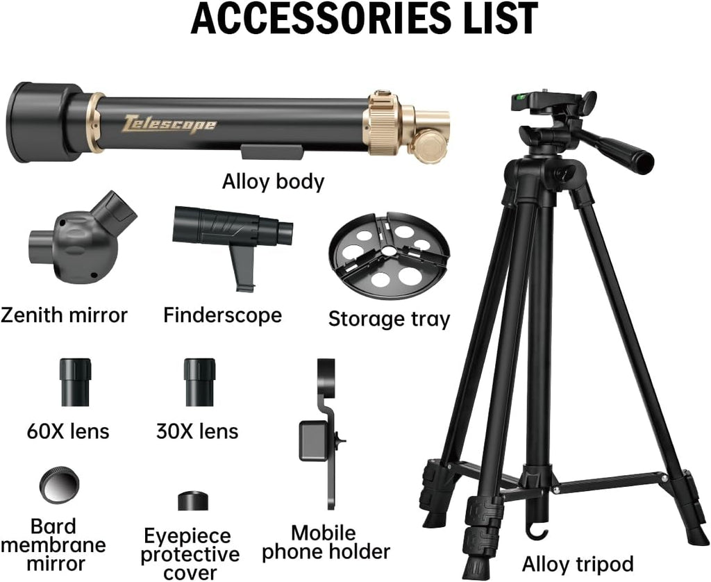 Telescopio para Niños y Adultos con Lentes 60X/30X, Trípode de Aleación Ajustable, Soporte para Teléfono Móvil, Montura de Cabezal Gimbal 360° para Observación de Estrellas y Naturaleza, Apto para Entusiastas de la Astronomía