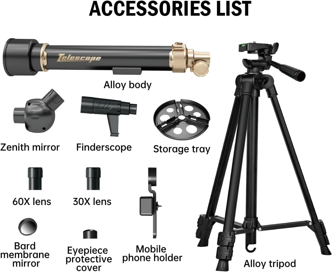 Telescopio para Niños y Adultos con Lentes 60X/30X, Trípode de Aleación Ajustable, Soporte para Teléfono Móvil, Montura de Cabezal Gimbal 360° para Observación de Estrellas y Naturaleza, Apto para Entusiastas de la Astronomía
