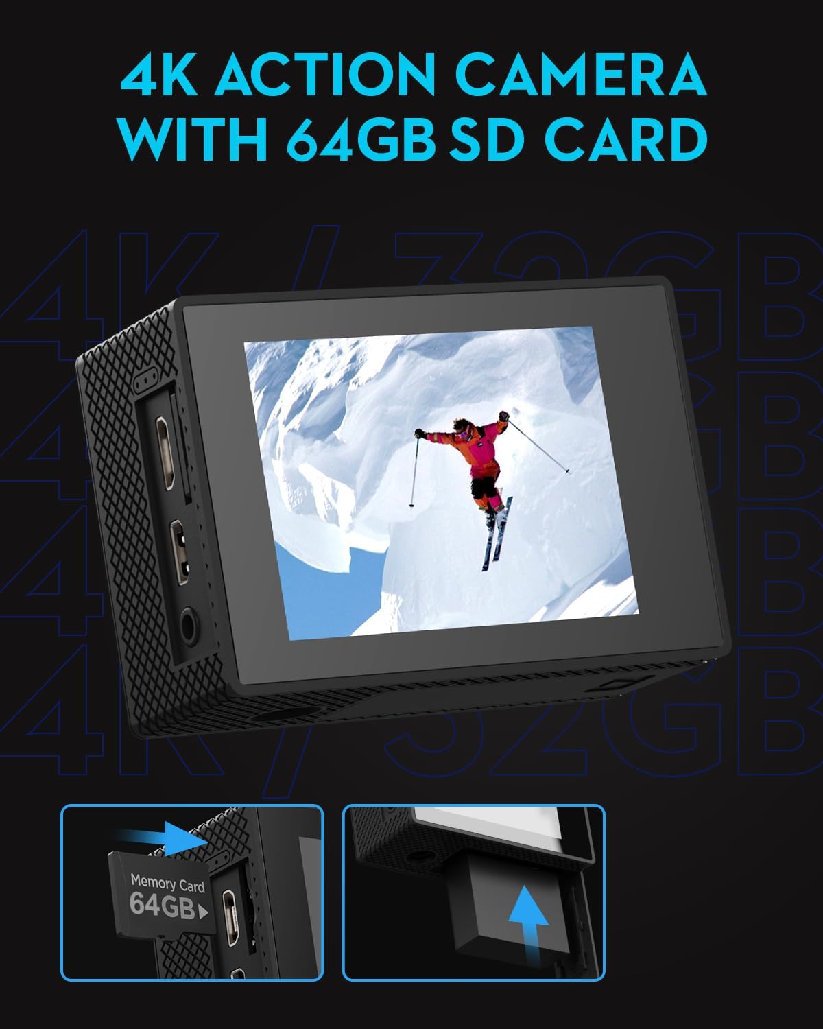 Cámara de acción 4K30fps con tarjeta SD de 64G, cámara HD impermeable de 131 pies, Negro
