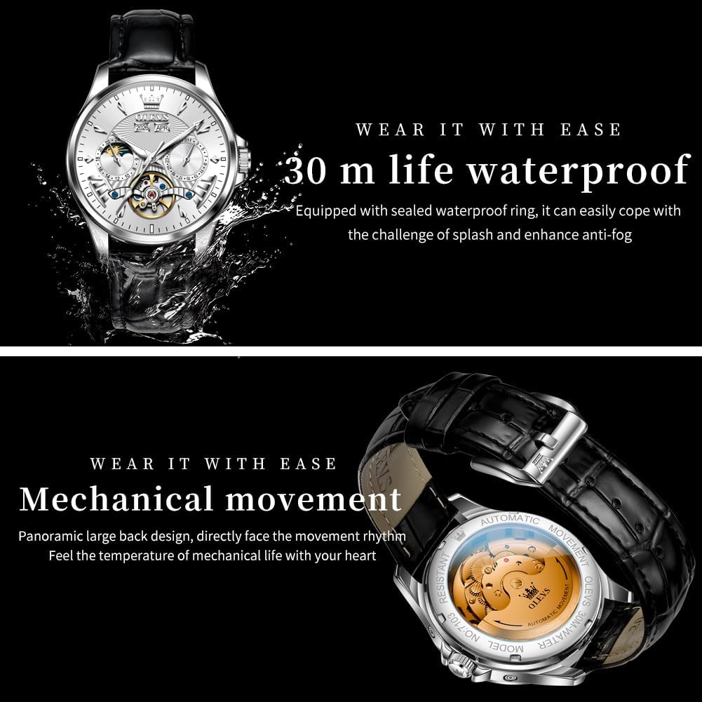OLEVS - Relojes automáticos para hombre, multicalendario, con fase lunar, 3ATM impermeable, reloj de lujo clásico para negocios, de pulsera