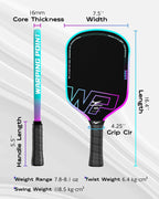 Warping Point Pala de pickleball Neon Gen 3, aprobada por UPA-A, fibra de carbono T700 cruda de triple capa, núcleo EdgeFusion de 16 mm, marco termoformado, giro a nivel de torneo, control y potencia