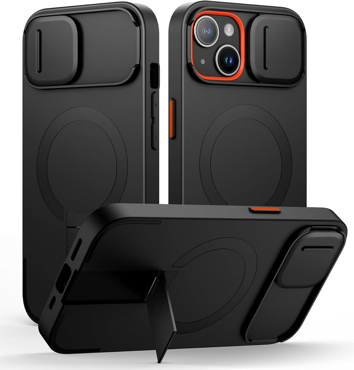 SURITCH Funda para iPhone 15 con cubierta magnética para cámara deslizante y soporte ajustable, compatible con MagSafe, funda protectora delgada a prueba de golpes de 6.1 pulgadas, color negro