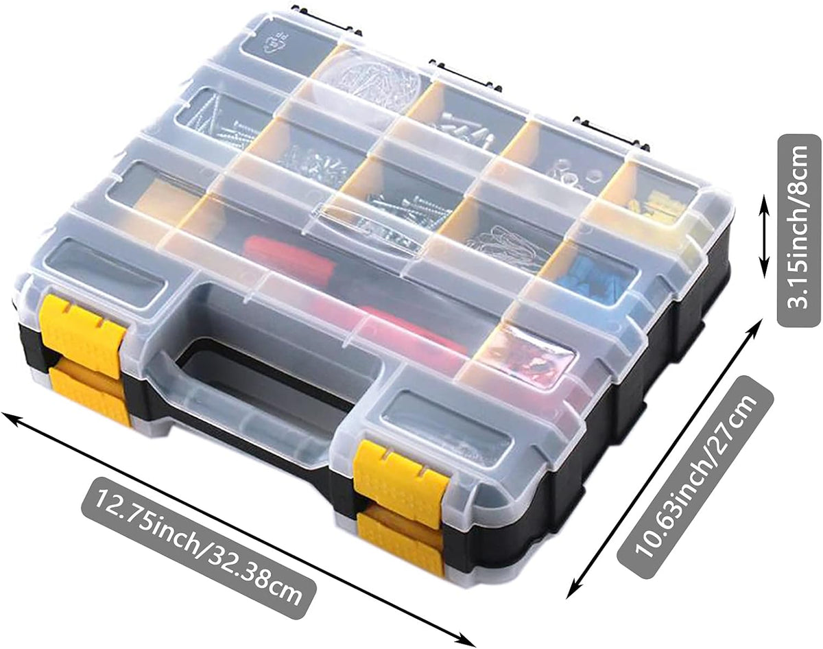 Caja organizadora de herramientas, caja de almacenamiento de piezas pequeñas, 34 compartimentos, organizadores de hardware de doble cara con divisores de plástico extraíbles para tornillos, tuercas