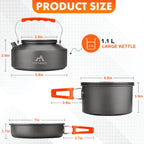 THTYBROS Kit de utensilios de cocina para acampar de 17 piezas, olla de 0.45 galones, sartén de 7 pulgadas, juego de hervidor de 0.30 galones con 2 juegos de tazas, platos, tenedores, cuchillos y