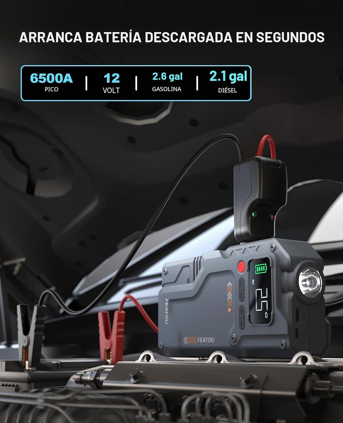 Arrancador de salto con compresor de aire, caja de batería de automóvil de 6500 A, paquete de potencia máxima con inflador digital de neumáticos de 150 PSI, cargador de coche portátil para