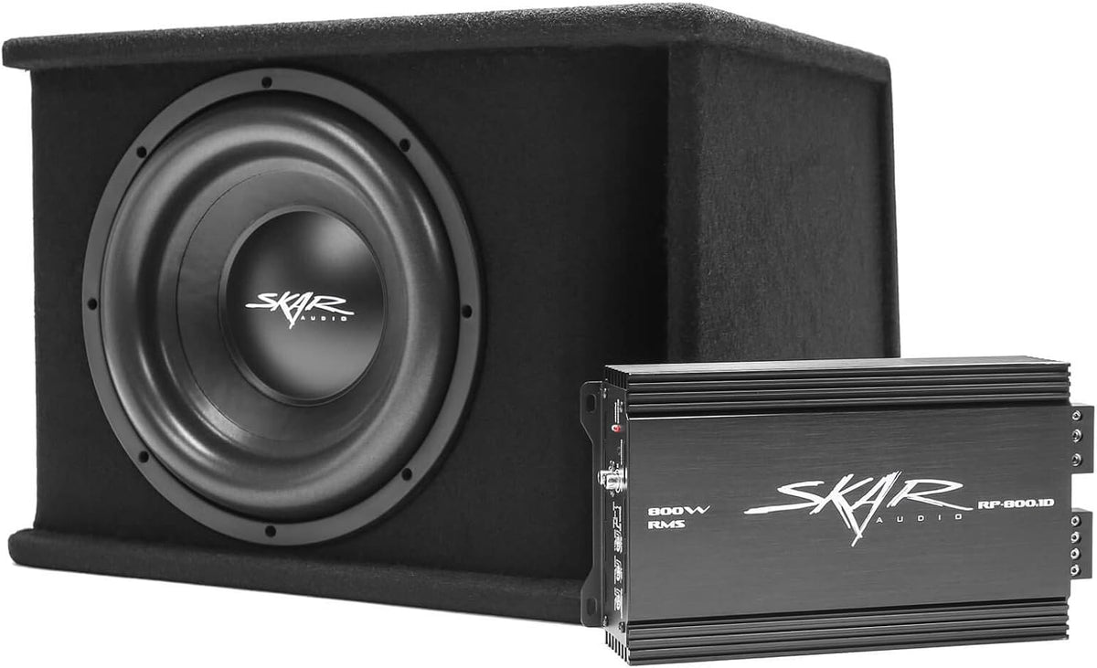 Skar Audio Paquete completo de graves de subwoofer individual de 12" de la serie SDR de 1,200 vatios - Incluye carcasa cargada con amplificador