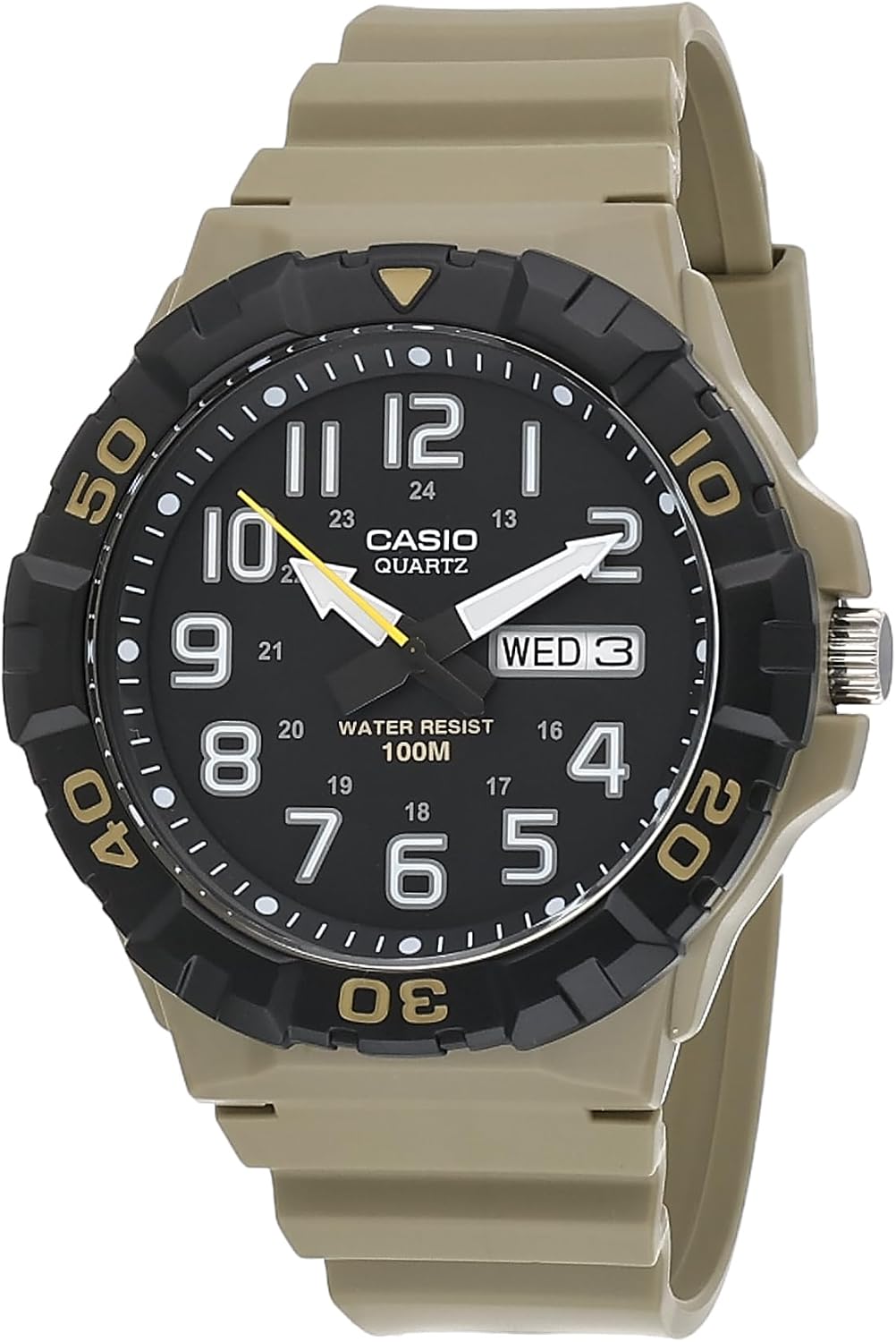Casio MRW200H Series | Reloj analógico para hombre | Diseño deportivo | Resistencia al agua 100 metros | Indicador de fecha | Bisel rotatorio | Cronometraje regular (HR, Min, SEC, PM, Date, Day) | Batería 3 años