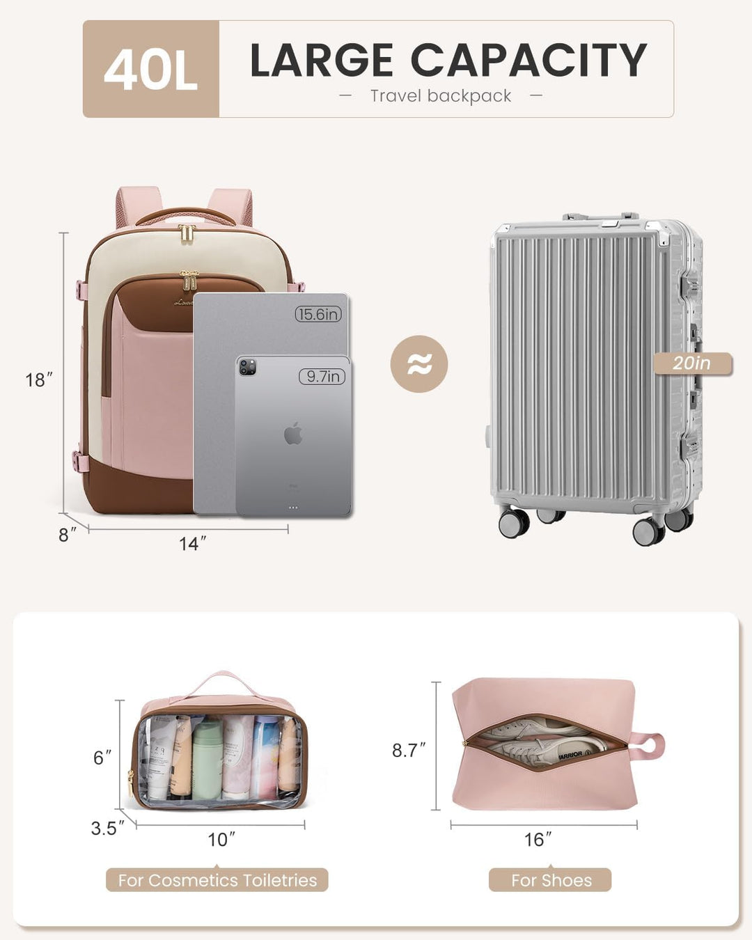 Mochila de viaje LOVEVOOK para mujeres y hombres, mochila grande de...