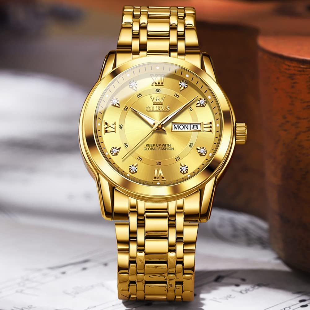 OLEVS Reloj de lujo para hombre de gran esfera con acero inoxidable y pulsera dorada, con día y fecha
