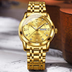 OLEVS Reloj de lujo para hombre de gran esfera con acero inoxidable y pulsera dorada, con día y fecha