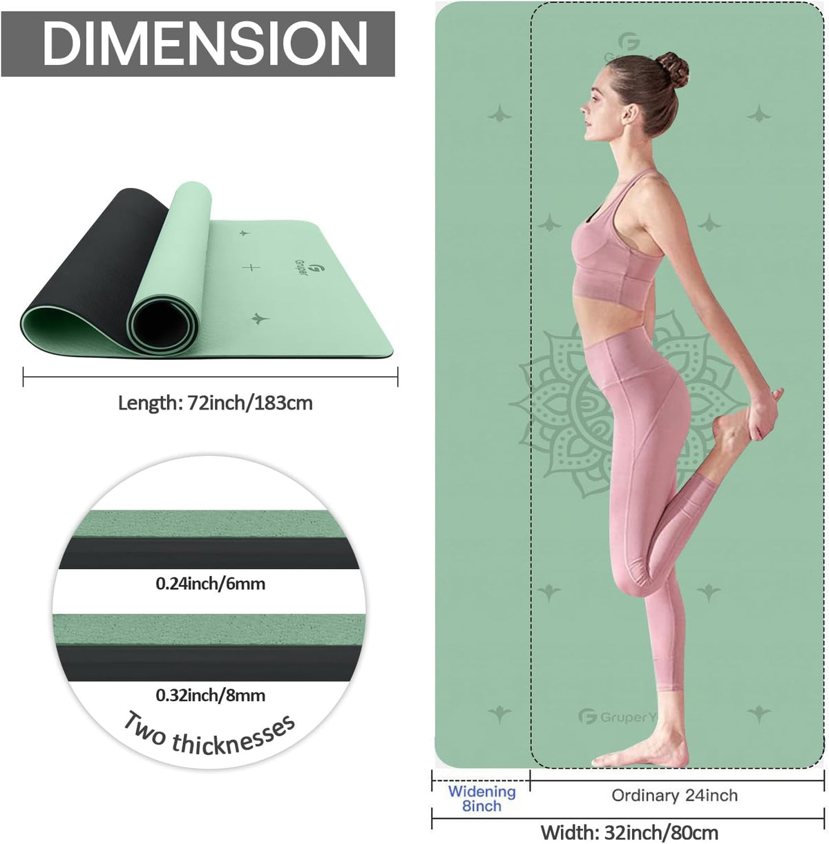 Esterilla de yoga antideslizante TPE Gruper extra ancha con marca de alineación, 72"L x 32"A x 0.32"/0.24"E (183cm x 80cm x 8mm/6mm), esterilla antideslizante para ejercicios con correa de transporte