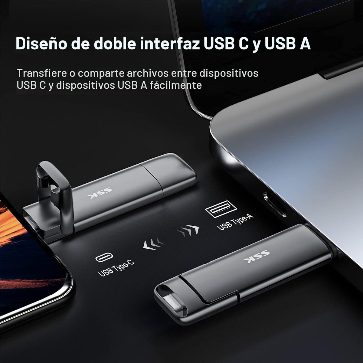 SSK Unidad Flash USB C Dual de 256GB, Unidad de Pulgar de Estado Só...