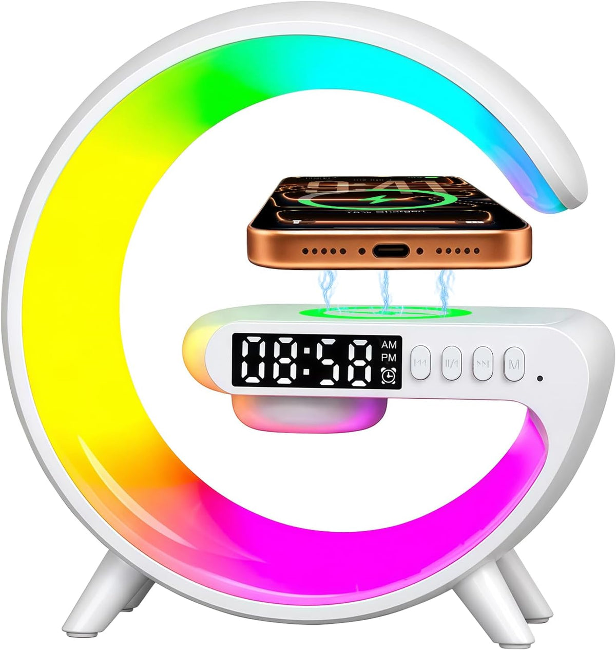 Lámpara Lámpara de mesa LED inteligente 5 en 1 con cargador inalámbrico, altavoz Bluetooth, reloj despertador, luz nocturna, estación de carga para dormitorio, mesita de noche, escritorio