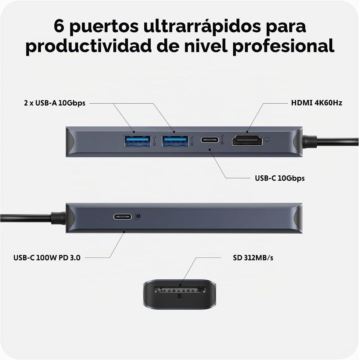 Hyper, 5785582, hub USB 3.2 de 6 puertos