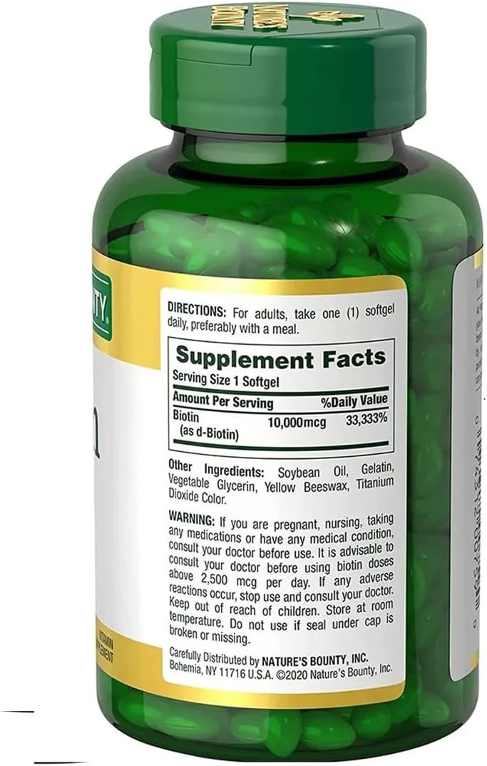 Nature's Bounty Biotina 10,000 mcg, 250 cápsulas blandas de lib...