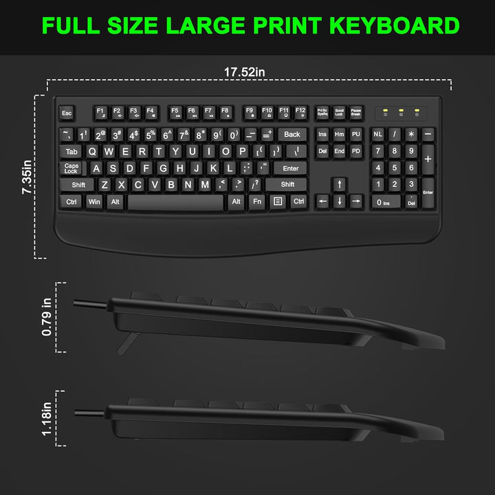QUASIO Teclado de impresión grande, 2.4 G, ergonómico de tamaño com...