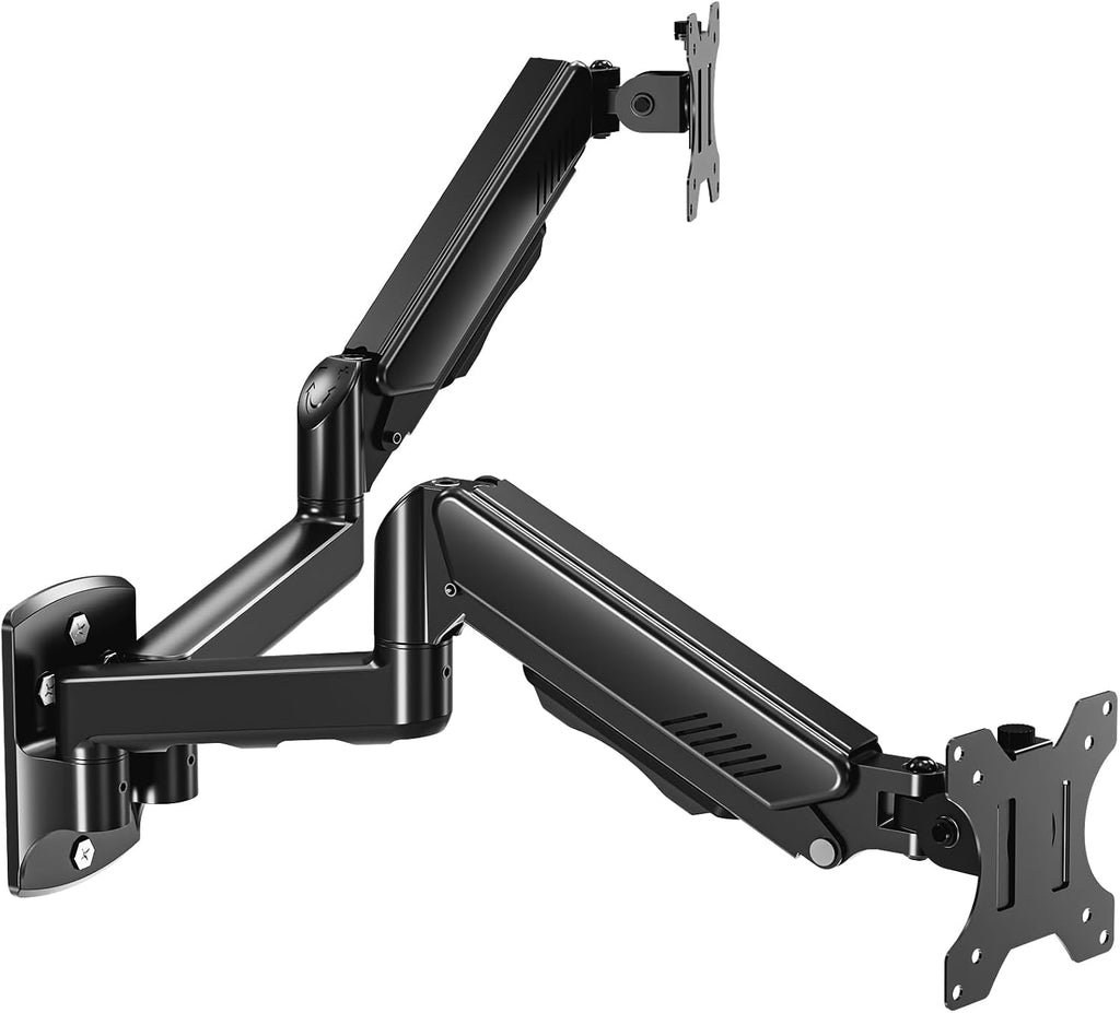 MOUNT PRO Soporte de pared para monitor dual para 2 pantallas de computadora de hasta 32 pulgadas, brazo de pared de doble monitor con capacidad para hasta 19.8 libras cada uno, soporte de monitor de