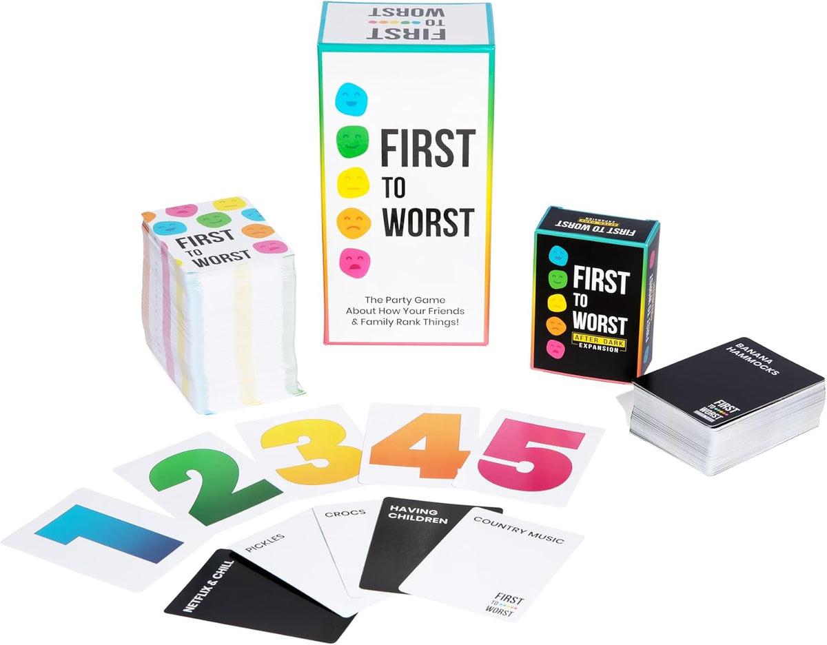 FIRST TO WORST Juego de fiesta + juego de cartas para adultos sobre cómo tus amigos y familiares clasifican las cosas | Divertido juego de mesa de clasificación y adivinanzas para amigos, noches de juego, fiestas e ideas de regalo divertidas