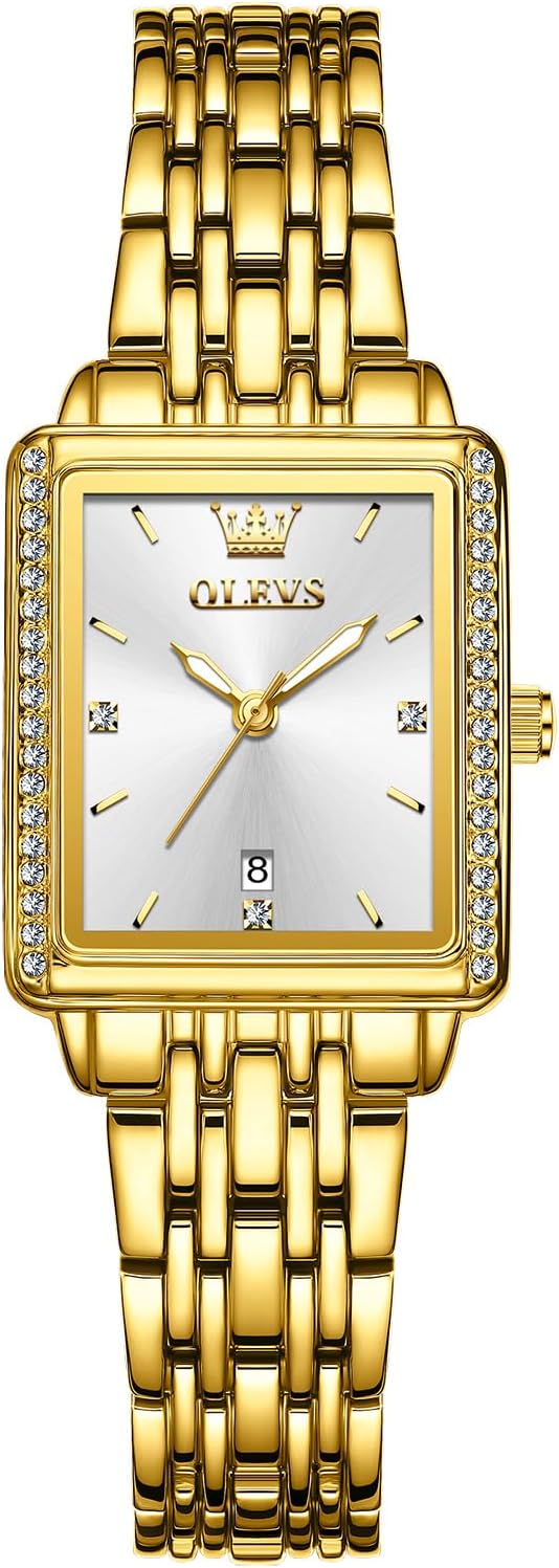 OLEVS Reloj de mujer de oro de acero inoxidable, reloj de cara cuadrada pequeña con decoración de diamantes, reloj de vestir de cuarzo analógico de lujo para mujer, reloj de pulsera impermeable con