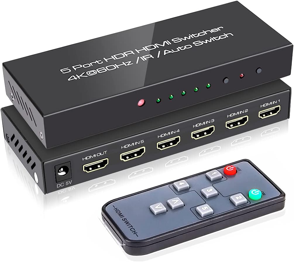 (Versión más reciente) ROOFULL 5 puertos 4K HDMI Switch con control remoto 5 en 1 salida 4K @60Hz HDMI 2.0 selector de conmutador, Dolby Vision/Atmos conmutación automática HDCP 2.2 HDR 10 CEC 18Gbps para PS5/4Pro Xbox Apple TV