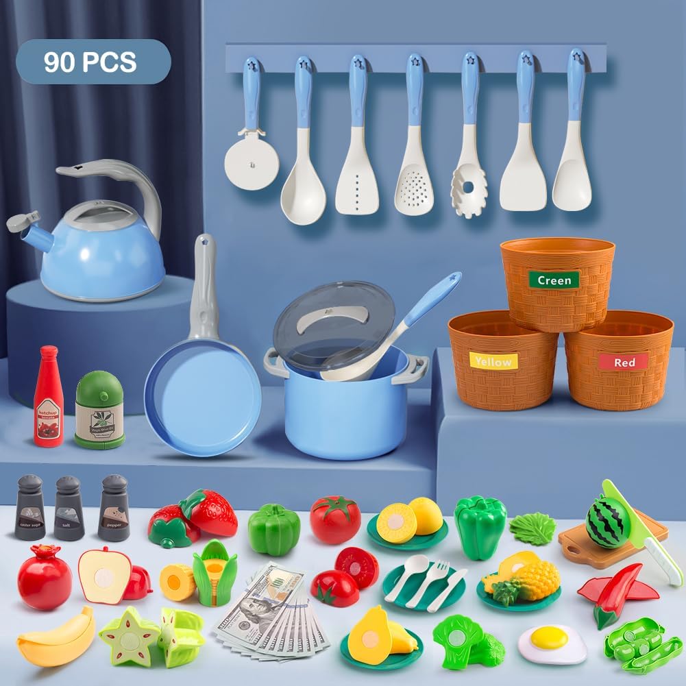 Juego de 90 accesorios de cocina, cocina de simulación con ollas, s...